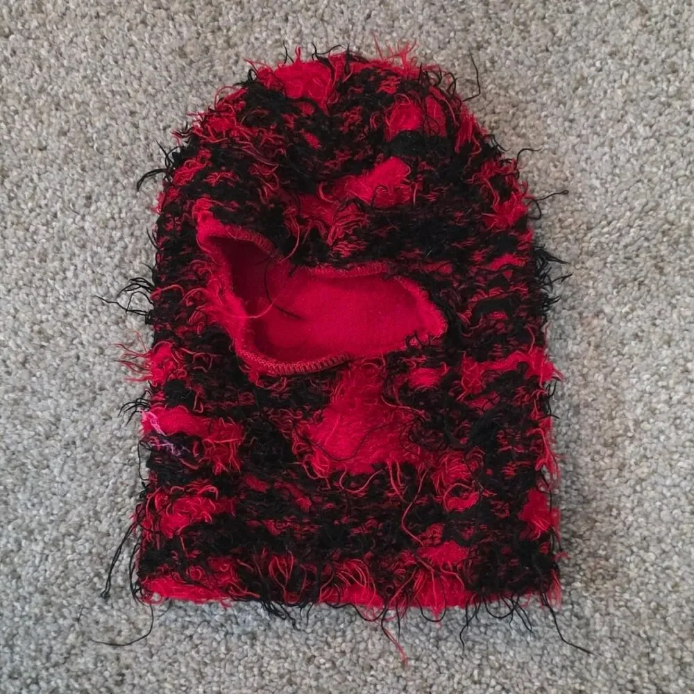 Red & Black Shaggy Balaclava Ski Mask Fuzzy Knit Y2K Streetwear